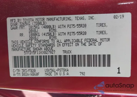 2019 Toyota Tundra Sr5 5.7L V8 from USA, damaged, VIN 5TFDY5F11KX827927